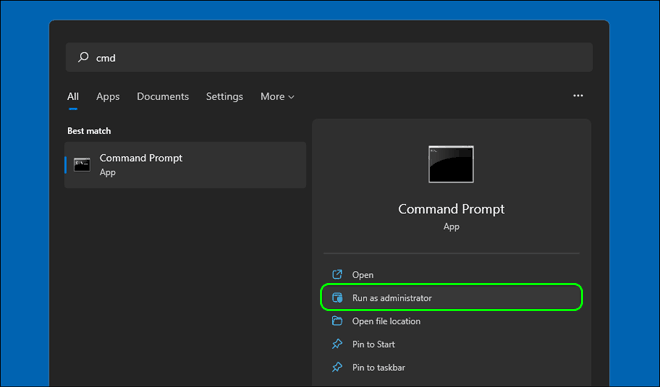 Avvia il prompt dei comandi come amministratore dall'inizio