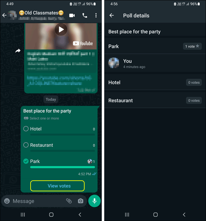 Tocca Visualizza voti per vedere il risultato del sondaggio di opinione di Whatsapp