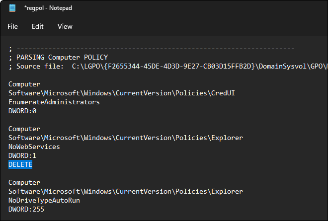 Modificare il file regpol.txt per modificare il file Registry.pol utilizzando lo strumento lgpo.exe