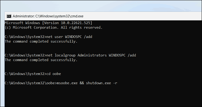 Crea un account locale utilizzando Cmd e annulla la configurazione di Oobe