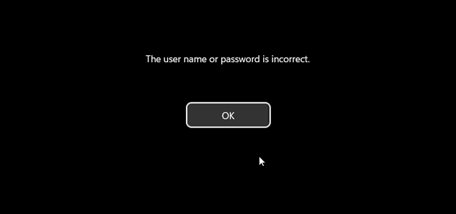 Il nome utente o la password non sono corretti Fare clic su OK