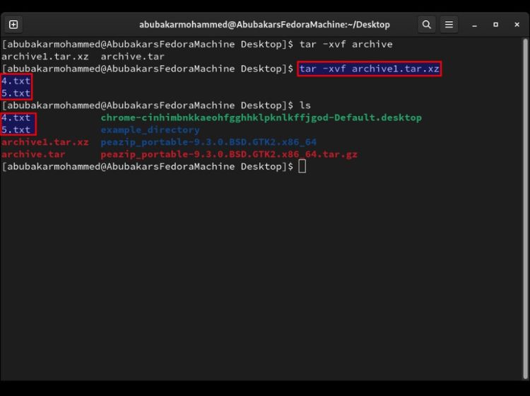 Estrazione dell'archivio tar XZ
