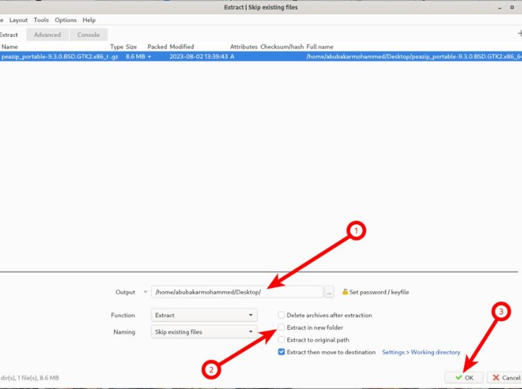 Posizione dell'estrazione PeaZip