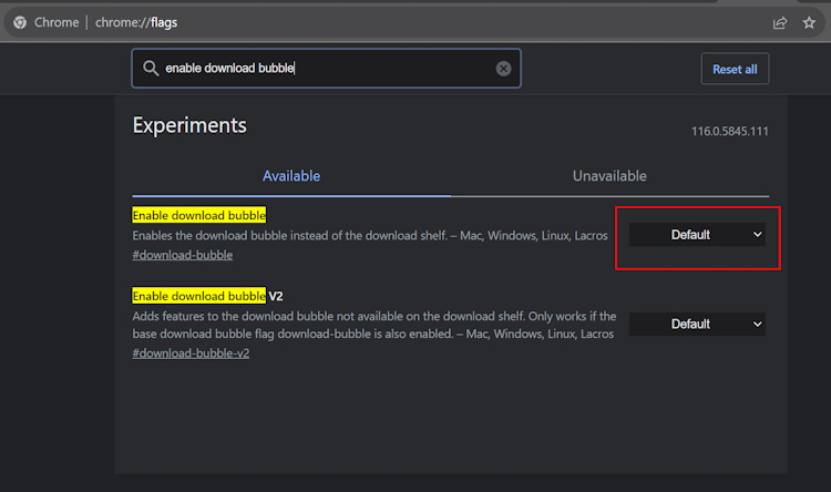 Contrassegna Chrome da disattivare per ottenere nuovamente la notifica di download precedente in Chrome