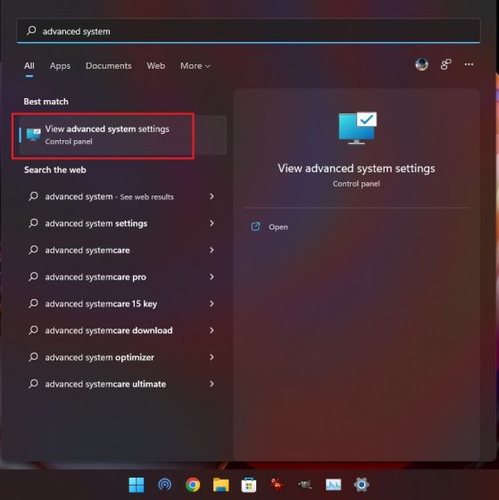 aprire le impostazioni di sistema avanzate in Windows 11