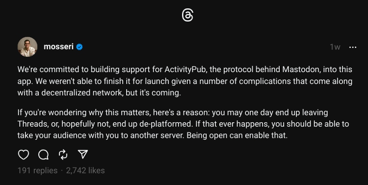 thread mosseri su Activitypub e Fediverse