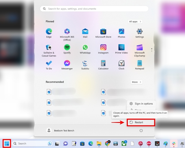 Opzione di riavvio nel menu Start di Windows 11
