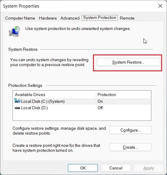 Esegui Ripristino configurazione di sistema in Windows 11
