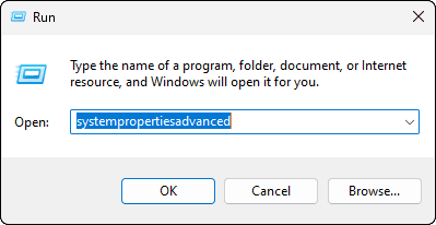 Vai su Esegui e digita Systempropertiesadvanced e premi Invio