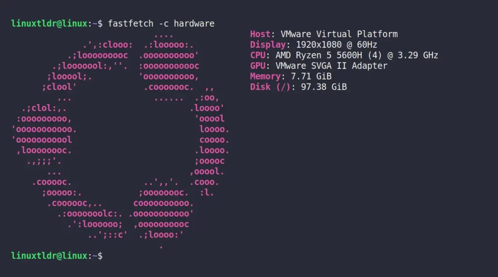 output fastfetch utilizzando il modulo hardware