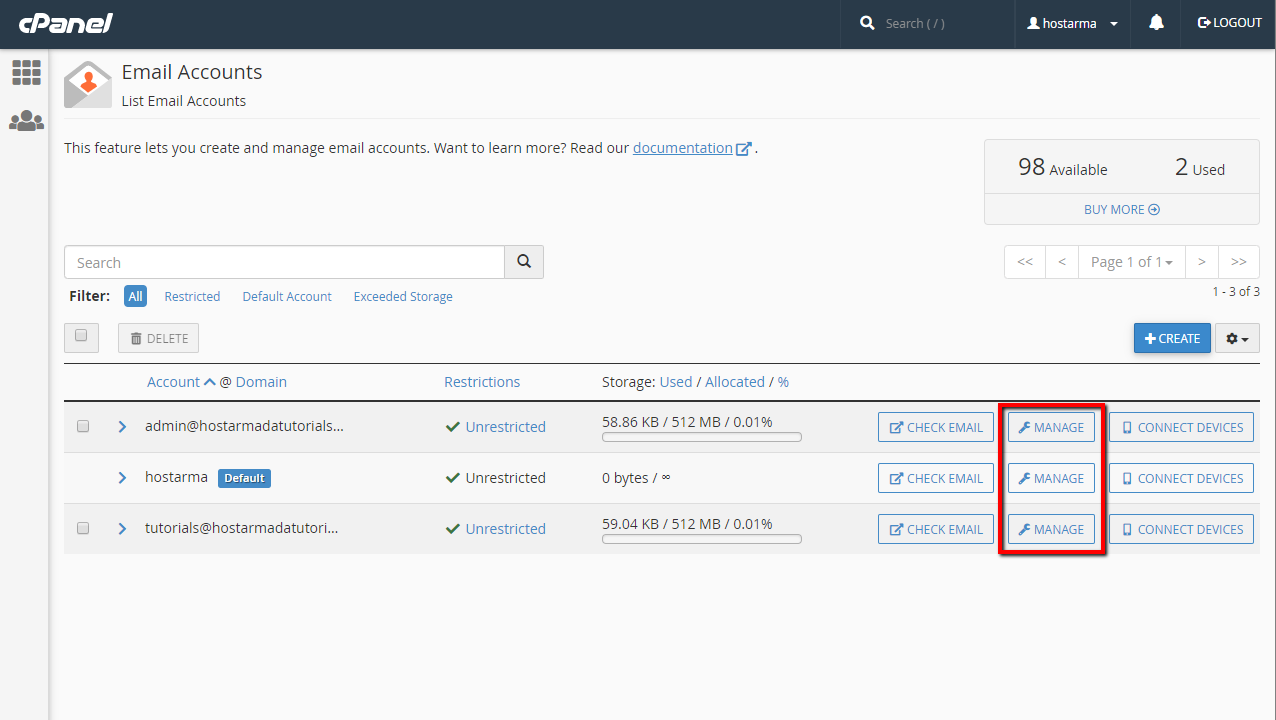 Facendo clic sul pulsante Gestisci per un account e-mail