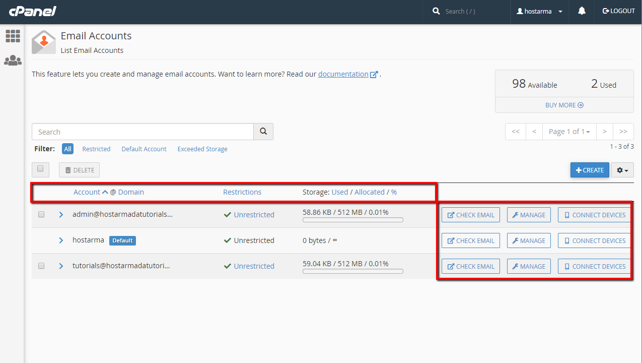 L'interfaccia della pagina degli account di posta elettronica
