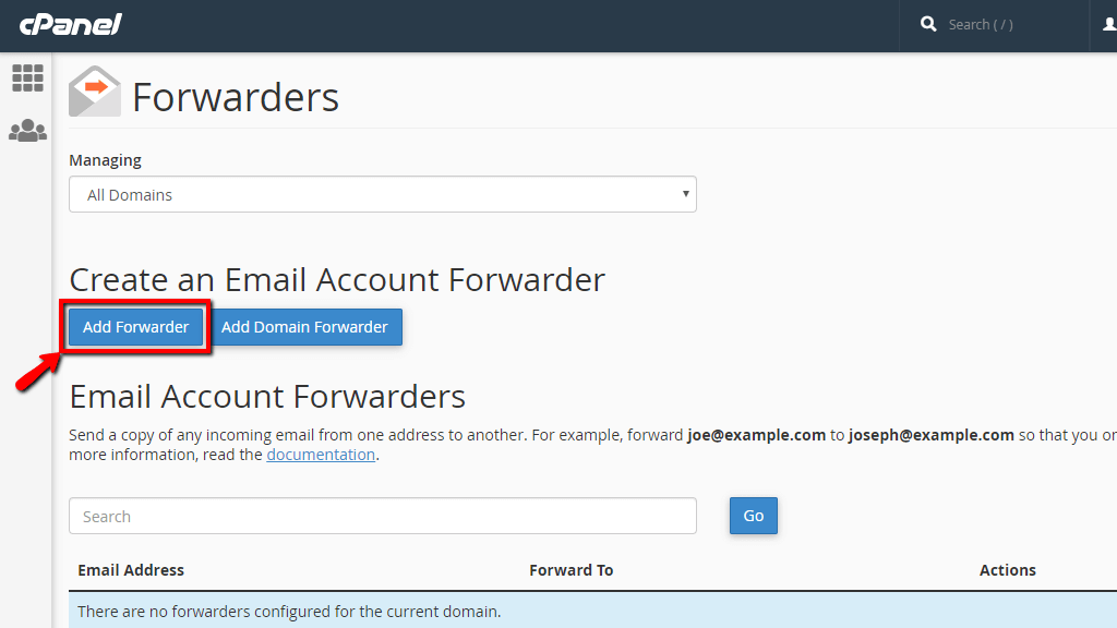 Aggiungi un nuovo inoltro e-mail nel cPanel