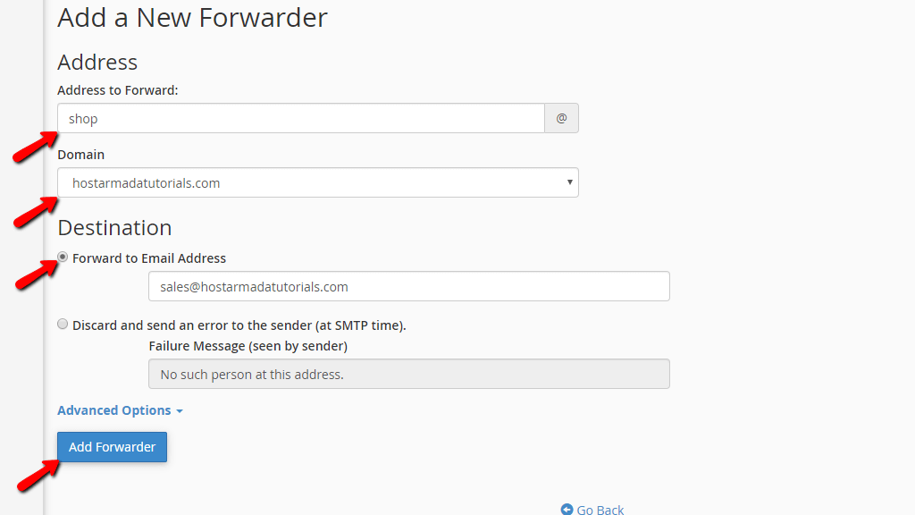Configura il nuovo inoltro e-mail nel cPanel