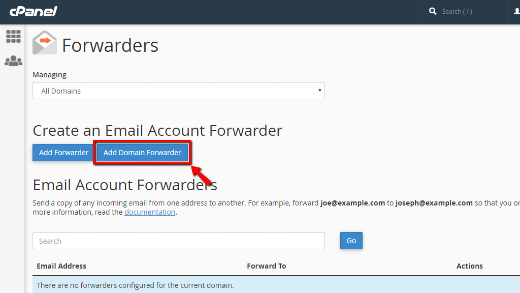 Aggiungi un nuovo server d'inoltro di dominio nel cPanel