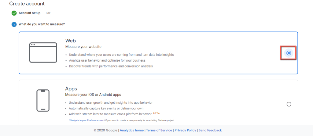 Opzione di misurazione del sito Web di Google Analytics