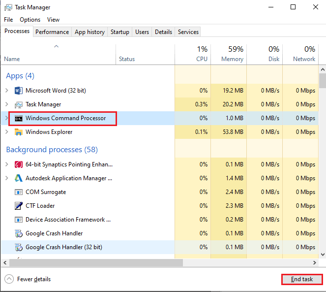 Seleziona l'app Processore dei comandi di Windows nella sezione App e fai clic sul pulsante Termina operazione