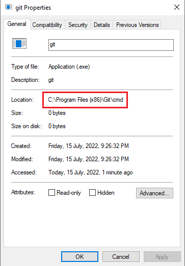 Nella scheda Generale copia la posizione predefinita nella sezione Posizione.  Risolto il problema con git non riconosciuto come comando interno o esterno