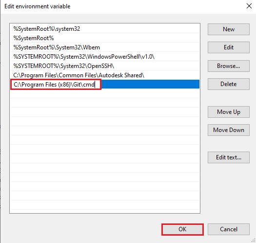 incolla la posizione copiata dalla finestra Proprietà git e fai clic sul pulsante OK.  Risolto il problema con git non riconosciuto come comando interno o esterno